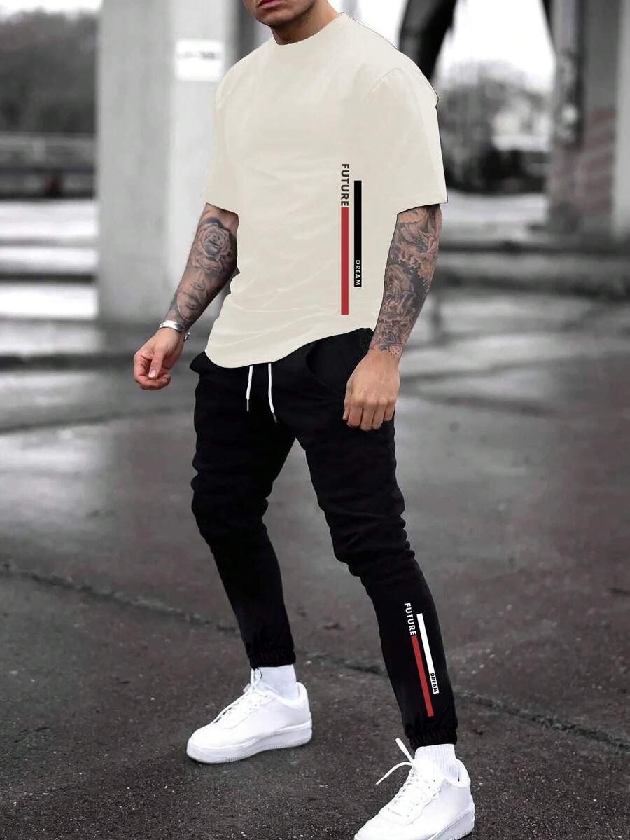 Manfinity Homme Nam Khối Màu In Chữ Cổ Tròn Tay Ngắn Và Quần Bó Sát Mùa Hè Thường Ngày 2 Bộ - Nhiều màu - Xem 1