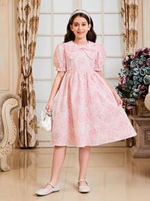 Rochie Tween Girl Casual Model Floral Cu Guler Mare - Roz praf - Vizualizare 4