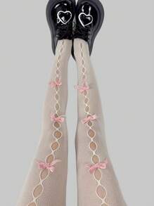 ROMWE Kawaii 1對粉色蝴蝶結露出空心魚網襪 - 白色 - 查看 3