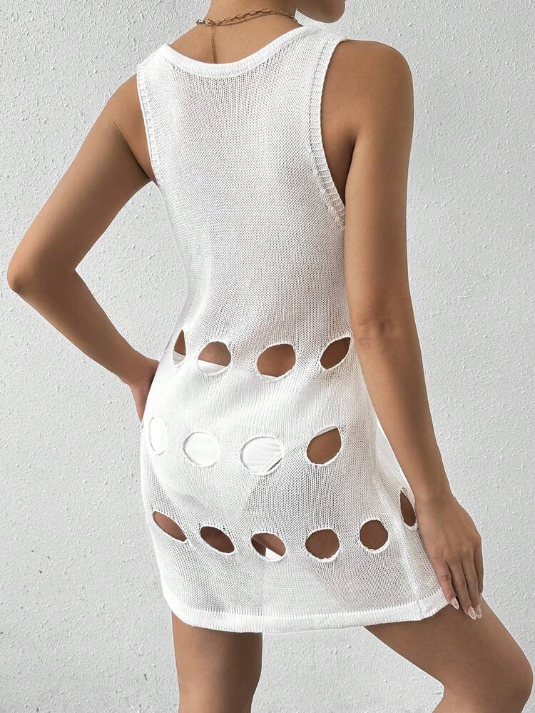Women Summer White Hollow Out Round Neck Sleeveless Hooded Dress