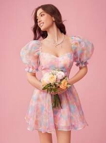 SHEIN X JIMENA & MATEO Enchnt Abito con scollo a cuore e maniche a bolla multicolor tie-dye