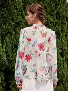 GENKIRA 隨機花卉印花荷葉邊長袖休閒襯衫 - 彩色 - 查看 2