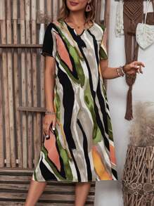 EMERY ROSE 拼色印花暴露領短袖夏季連衣裙 - 彩色 - 查看 1