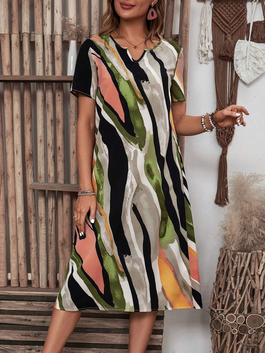 EMERY ROSE 拼色印花暴露領短袖夏季連衣裙 - 彩色 - 查看 1