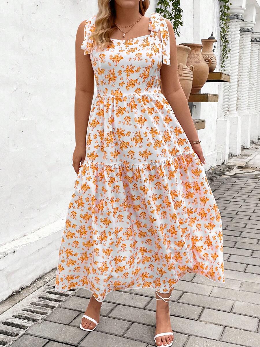 SHEIN Franclia 大碼迷你花卉假日風格背心連身裙，適用於春夏季 - 黃色 - 查看 1