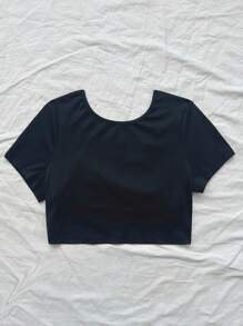 Dreamara Camiseta Sexy Recortada Con Diseño De Nudo De Lazo De Bloque De Color Negro Para La Espalda De Talla Grande Para El Verano