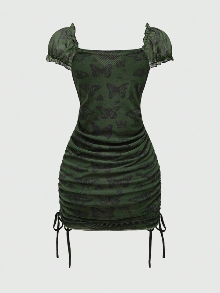 Our Kelsey Wilson Studio Fairycore Summer Butterfly Print Slim Fit Lace  Trim Drawstring Side Bodycon Dress. is such a vibe - ROMWE