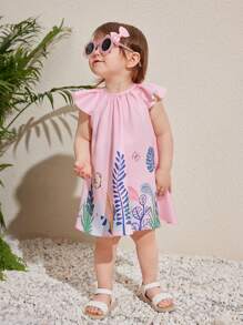 Travachic KIDS Baby Girl Summer Vacation Cartoon Pattern Loose Short-Sleeved Dress Is Suitable For Summer.