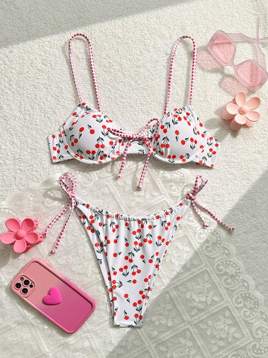 Swim Mod Summer Beach Vacation Cherry Print Underwire Spaghetti Strap Bikini Set - Multicolor - View 1