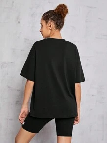 SHEIN Leap Crew 少女夏季休閒針織印花短袖T恤和短褲套裝 - 黑色 - 查看 2