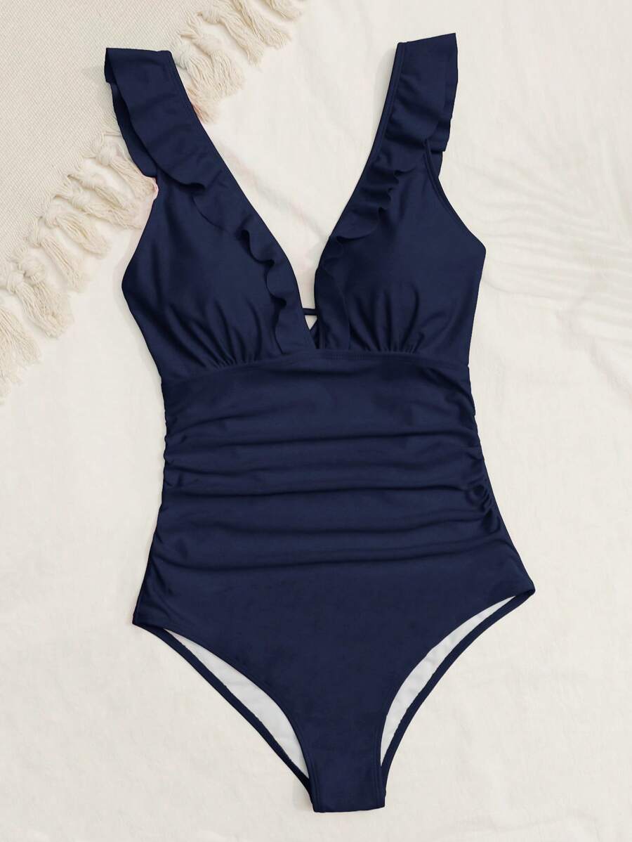 Swim Basics Đồ bơi một mảnh có viền xù có dây buộc xếp li màu trơn, hở lưng - Màu xanh hải quân - Xem 1