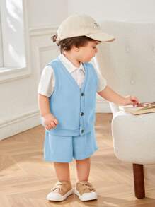 SHEIN Ensemble de 3 pièces de gilet sans manche en tricot solide pour bébé garçon et fillette avec veste, chemise à manches courtes et shorts - Bleu azur - Voir 6
