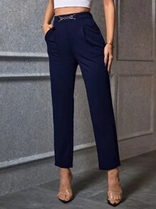 Firerie Women's Basic Minimalist Casual Commuting High Waist Leopard Print Metal Decoration Cropped Pants Old Money Fall Pants - Navy Blue - View 3