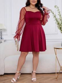 SHEIN Privé 大尺碼網眼拼接波點甜心領裙 - 酒紅色 - 查看 1
