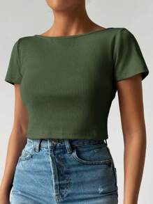 RueChic Áo thun crop top hở lưng màu trơn cho mùa hè - Màu xanh lá cây đậm - Xem 4