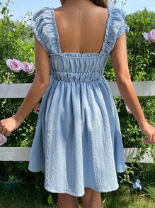 SHEIN Unity 女性時尚純色短袖方領連身裙 - 藍色 - 查看 2