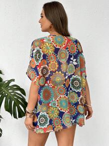 SHEIN LUNE Plus Size Women Fashionable National Floral Chiffon Printed Kimono Summer - Multicolor - View 2