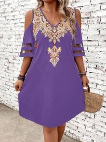 SHEIN LUNE Plus Size Cổ điển Đầm trễ vai in hình cổ điển mùa hè - Màu tím - Xem 3