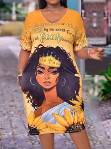 Maweii Plus Size Summer V-Neck Portrait Printing Short Sleeve Casual Dress - Yellow - View 4