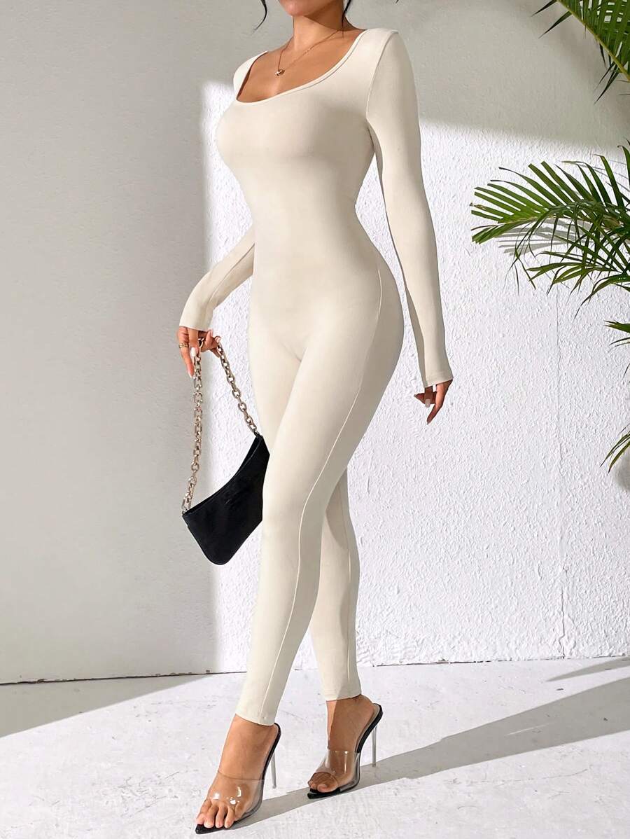 SHEIN PETITE Phụ Nữ Xuân Hè Màu Trơn Cổ Tròn Dài Tay Ôm Vừa Vặn Jumpsuit Unitard - Màu be - Xem 1