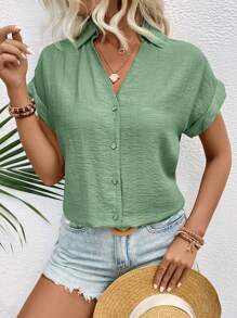 EMERY ROSE Women Summer Casual Solid Color Notched Collar Batwing Sleeve Shirt