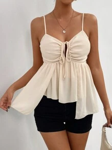 SHEIN Privé Phụ nữ xếp nếp bất đối xứng Flowy Hem voan bướm Hem dây đeo bướm mùa hè Cami Top cho lễ hội âm nhạc, lễ phục sinh, ngày của mẹ, mùa tốt nghiệp, kỷ niệm ngày cưới, tiệc vũ hội thắt nơ, trở về quê hương, kỳ nghỉ - Màu be - Xem 5