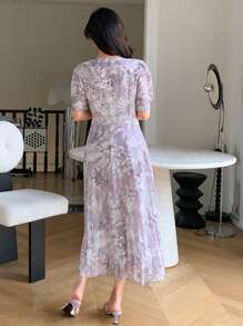 DAZY Square Neck Ink Flower Print Bubble Sleeve Pleated Waist Dress - Purple - View 2