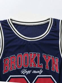 ROMWE MEN Prep Men Letter Graphic Contrast Trim Basketball Jersey - Navy Blue - View 3