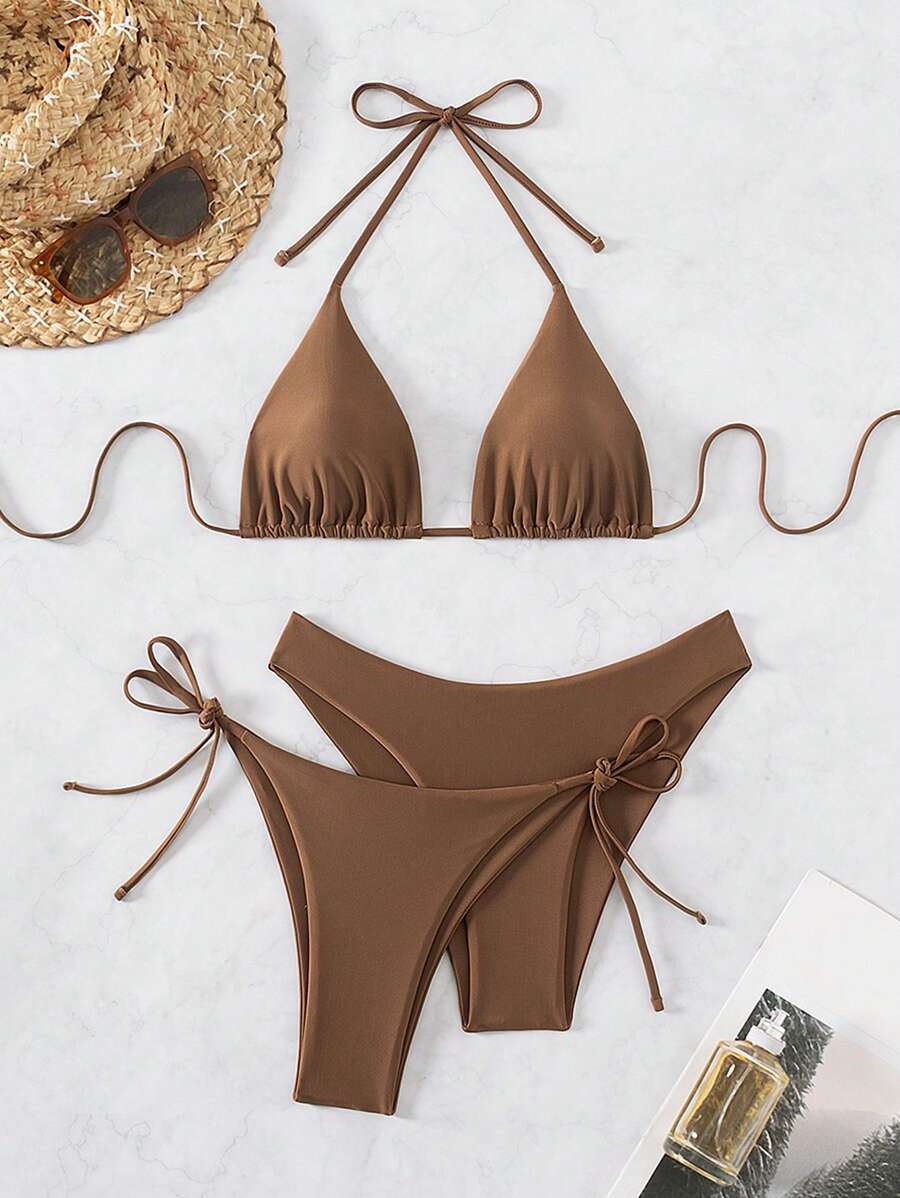 Swim Basics Women Summer Beach Solid Halter Neck 3-Piece Bikini Set Bathing Suit