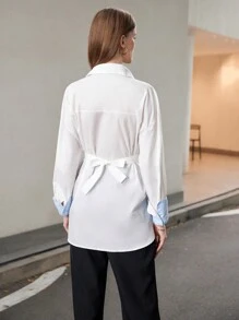 SHEIN Privé Commuter Oversized Color Block Cuff Long Sleeve Tie-Front Shirt