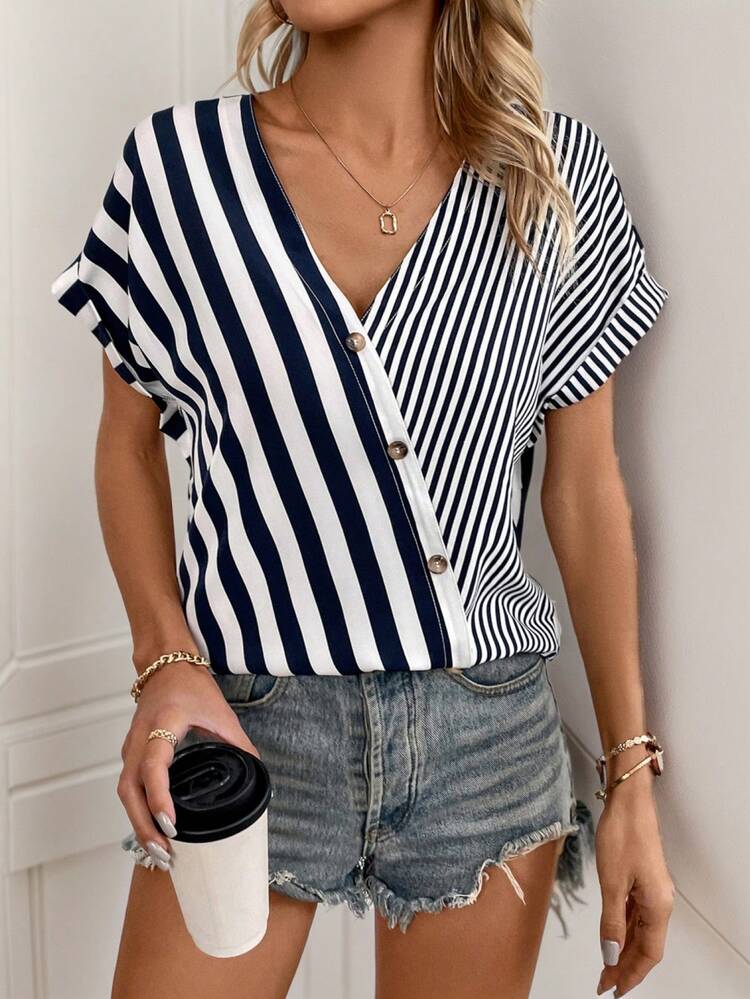 Women's Striped Color Block Raglan Batwing Sleeve Shirt With Diagonal Placket