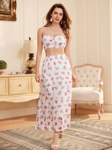 Aveloria Rosie 2pcs Set Women's Ruched Bust Crop Top With Random Ditsy Floral Print And High Waist A-Line Flare Skirt With Random Ditsy Floral Print