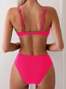SHEIN Swim Conjunto de bikini de tirantes ajustables y arrugado sólido de verano para mujer en la playa - Rosa Fucsia - Ver 2