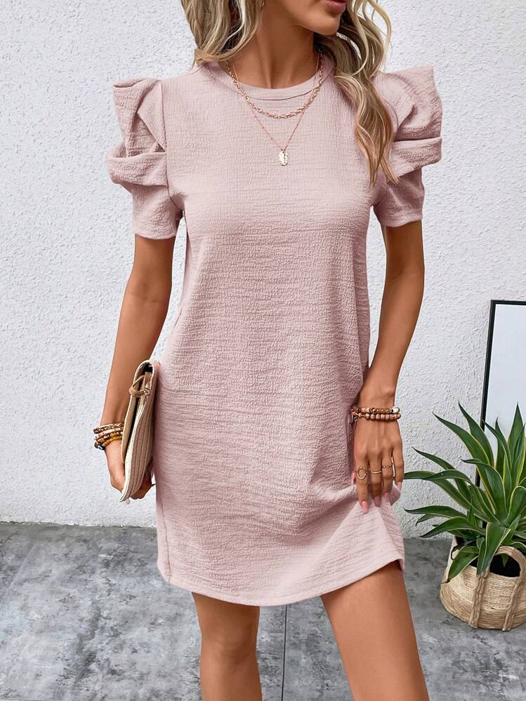 SHEIN Clasi 女士夏季純色紋理氣袖連衣裙 - 粉色 - 查看 1