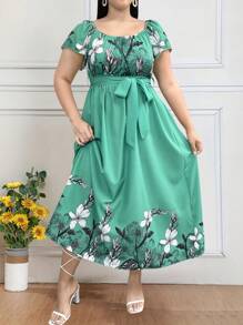 EMERY ROSE Vestido largo de manga corta y cuello redondo con estampado floral para mujer de talla grande, conjunto de ropa para mujer - Verde - Ver 3