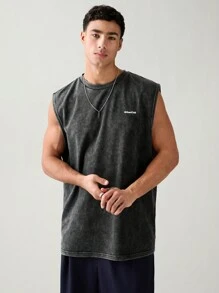 Manfinity RebelGame 男士休闲字母印花宽肩带背心夏季 - 深灰色 - 查看 3