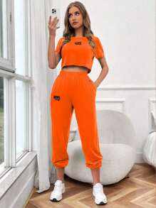 SHEIN LUNE Bộ hai món áo thun nữ ngắn tay và quần dài in chữ cho mùa hè - trái cam - Xem 4