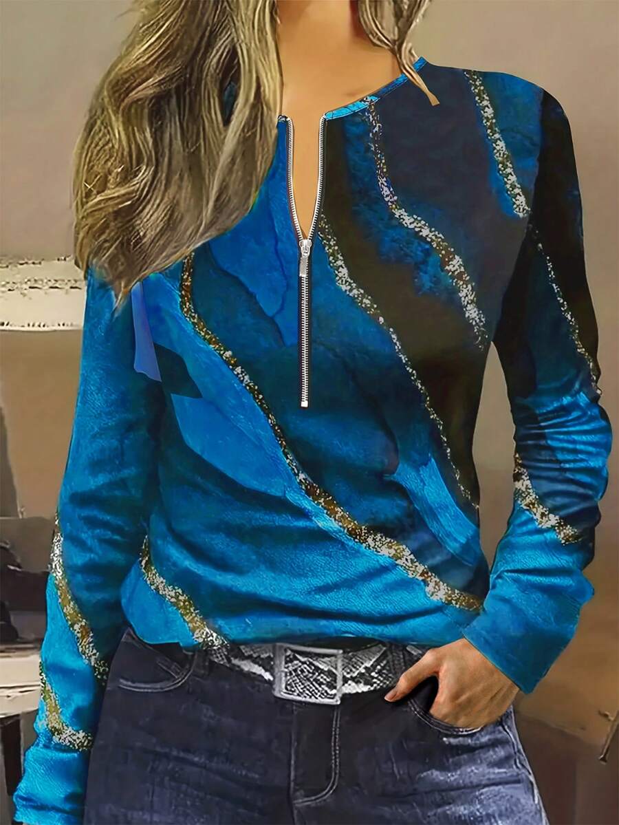 女士大理石印花拉鍊半排扣長袖休閒T恤，適用於春夏季節 - 彩色 - 查看 1