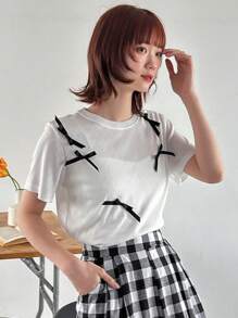 FRIFUL 女士圆领蝴蝶结装饰短袖T恤夏季可爱上衣 - 白色 - 查看 3