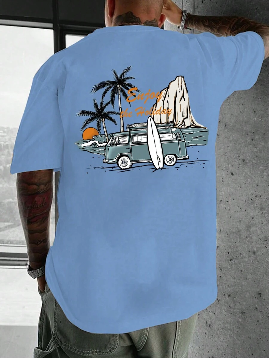 Manfinity RSRT 大尺碼男士時尚夏季寬鬆卡通印花T恤 - 藍色 - 查看 1