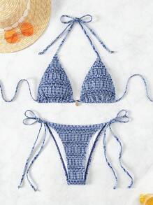 SHEIN Swim Summer Beach Full Print Halter Bikini Set - Blue - View 3