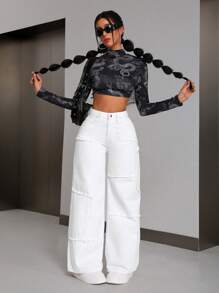 SHEIN PETITE 女士鬆身牛仔褲，配有磨損邊緣設計 - 白色 - 查看 5