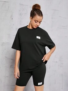 SHEIN Leap Crew 少女夏季休閒針織印花短袖T恤和短褲套裝 - 黑色 - 查看 3