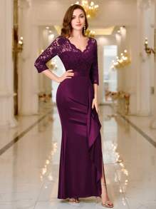 MIUSOL V Neck Contrast Lace Ruffle Satin Evening Party Maxi Formal Dress Elegant Prom Wedding Guest Gown, For Graduation, Dinner - Maroon - View 5