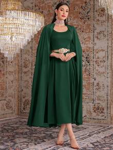 Modelyn Mùa Xuân Eo đàn hồi Xếp li Tay áo chuông Đầm Và Kim sa Vá lại Áo khoác Bộ - Màu xanh lá cây đậm - Xem 2