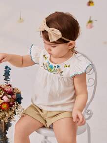 SHEIN Ensemble bébé fille d'été comprenant un Top à manches courtes avec fleurs brodées et un short unicolore simple, avec un serre-tête - Multicolore - Voir 6