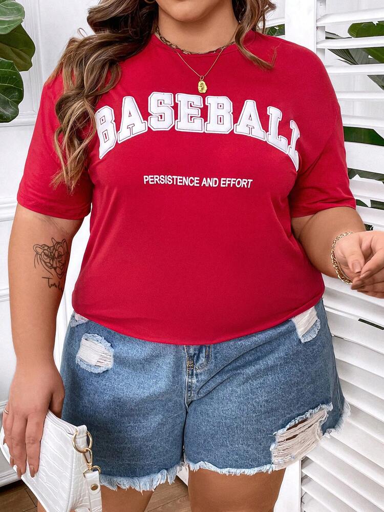 Plus Size Summer Casual Short Sleeve T-Shirt With Letter Print And Round Neckline