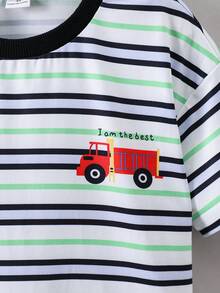 SHEIN 男童休閒舒適條紋設計T恤，完美夏日假期之選 - 綠色 - 查看 6