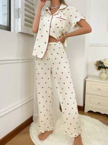 Zweifarbige Paspelierung Revers Kirschblüten Muster Damen Kurzarm Top Lange Hose Pyjama Set