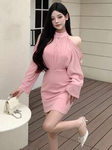 DAZY 女士纯色露肩立领紧身长袖夏装秋装